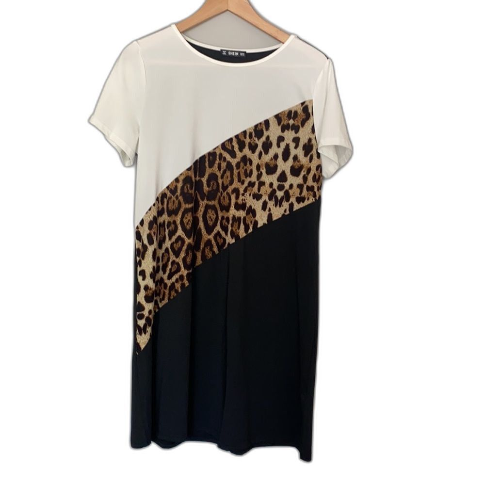 Shein Medium Leopard Block Pattern Short Sleeve Shirt Dress Animal Print Summer